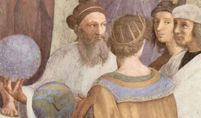 Detail of The School of Athens by Raphael, 1509, showing Zoroaster (left, with star-studded globe).