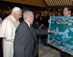 Benedict XVI is shown a map of Ioannes Paulus II Peninsula in Antarctica.