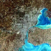 A simulated-color satellite image of Detroit, with Windsor across the river, taken on NASA's Landsat 7 satellite.