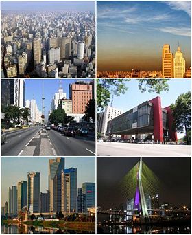 Clockwise from top left: Aerial view of downtown São Paulo, Edifício Copan at center; smog over Zona Leste; the São Paulo Museum of Art; the Octavio Frias de Oliveira bridge over the Pinheiros River; high-rise buildings along Marginal Pinheiros; Avenida Paulista, looking towards Rua da Consolação.