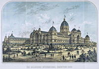 Lithograph of the Royal Exhibition Building (now a World Heritage site) built to host the World's Fair of 1880.  The main building has hosted several such fairs and later hosted the opening of the first Parliament of Australia.  The area of the rear wings pictured is now parkland.