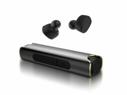 black earbuds with their charging case 