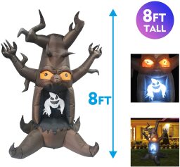 Halloween inflatable scary tree with ghost inside and dimensions shown