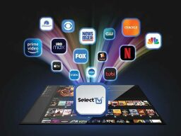 SelectTV logo with many streaming platform icons coming out of it.