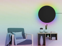 Rainbow circle lamp hanging above table and chair