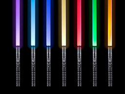 Row of colorful lightsabers against a black backdrop.