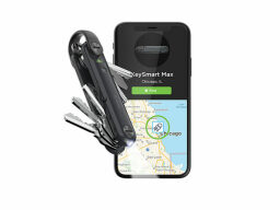 KeySmart keys and mobile app on phone on a white background.