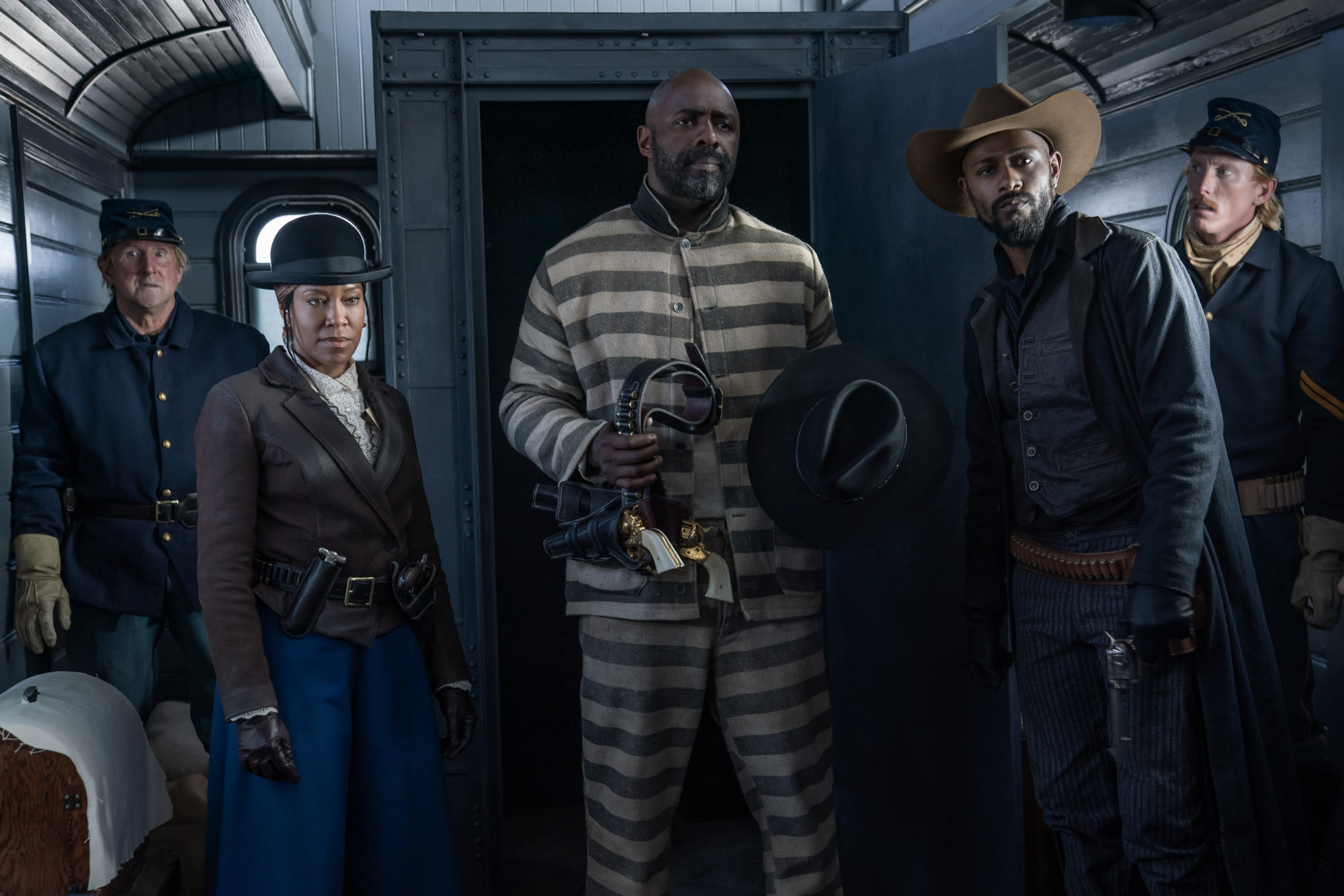 Regina King, Idris Elba, and LaKeith Stanfield in "The Harder They Fall."