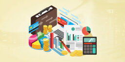 an illustrated collage of coins, graphs, and other business-related items