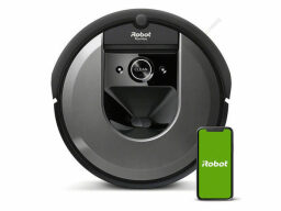 Black Roomba with phone on iRobot app