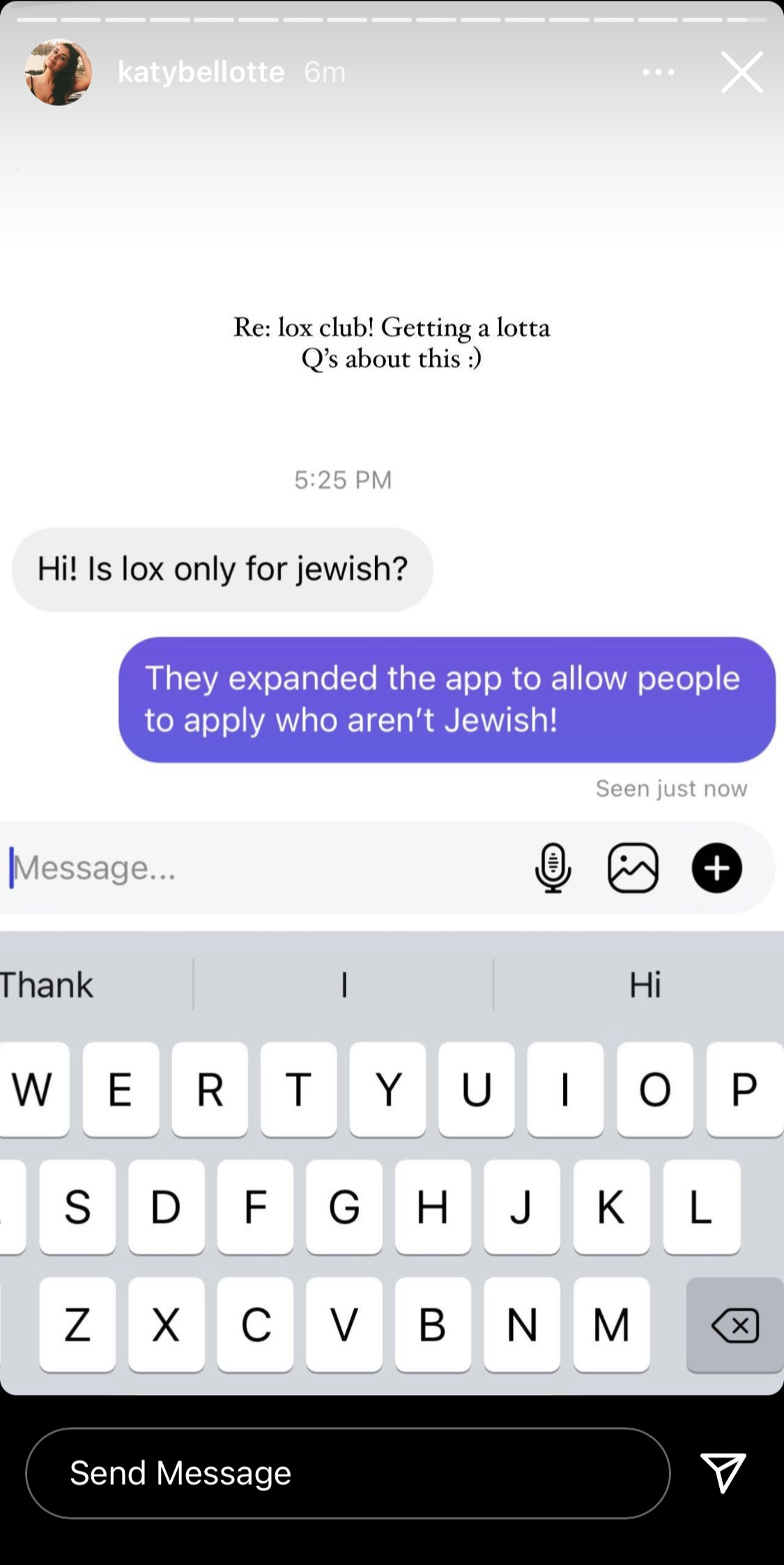 Bellotte answering a follower question about whether you need to be Jewish to apply to Lox Club.