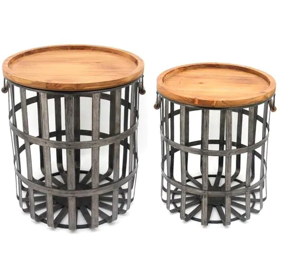 round metal baskets with wooden tops