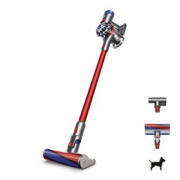 a red, blue, and gray dyson stick vacuum