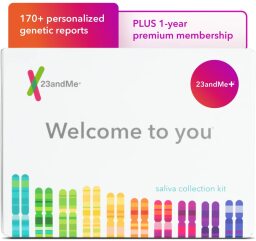 rainbow colored 23andMe kit box that says "welcome to you"