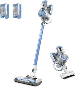 Blue stick vacuum with cleaning attachments