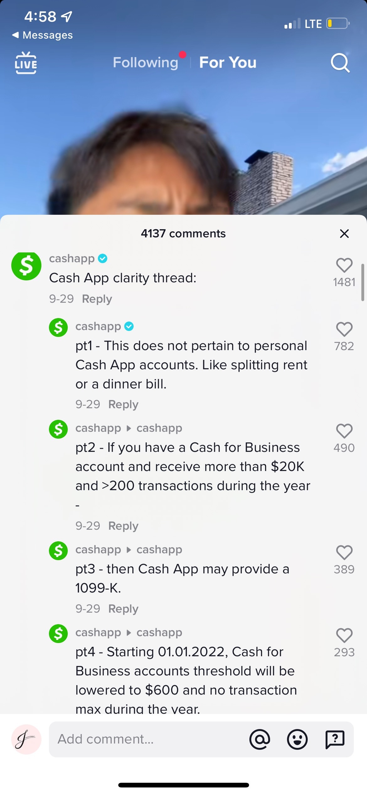 CashApp's comments on a TikTok warning users about the tax amount.