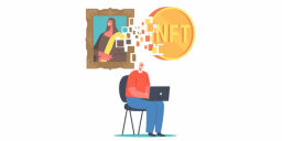 an illustration of a person working on a laptop while a painting turns into an NFT coin behind them