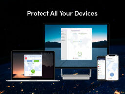 a laptop, desktop computer monitor, and two phones with VPN unlimited open on their screens