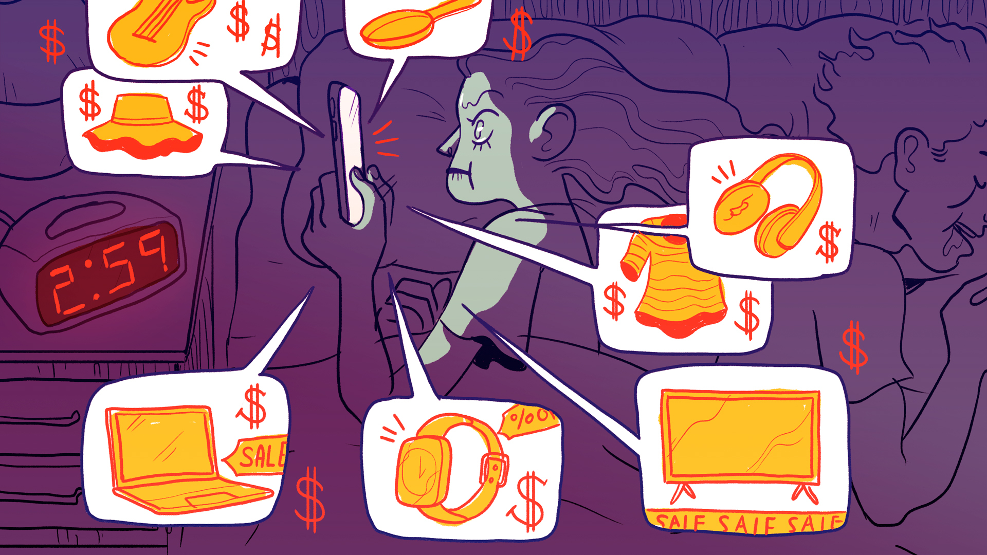 illustration of a woman looking at product deals in the middle of the night
