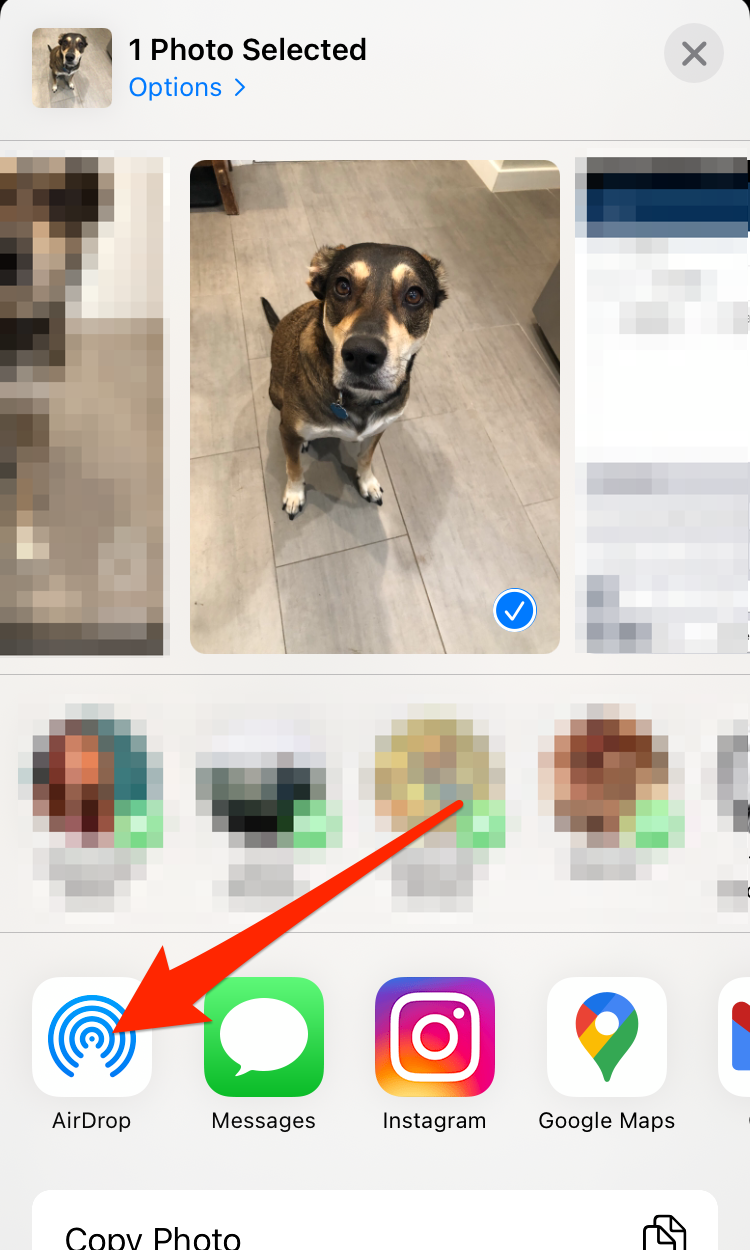 AirDrop is the icon with the blue concentric circles