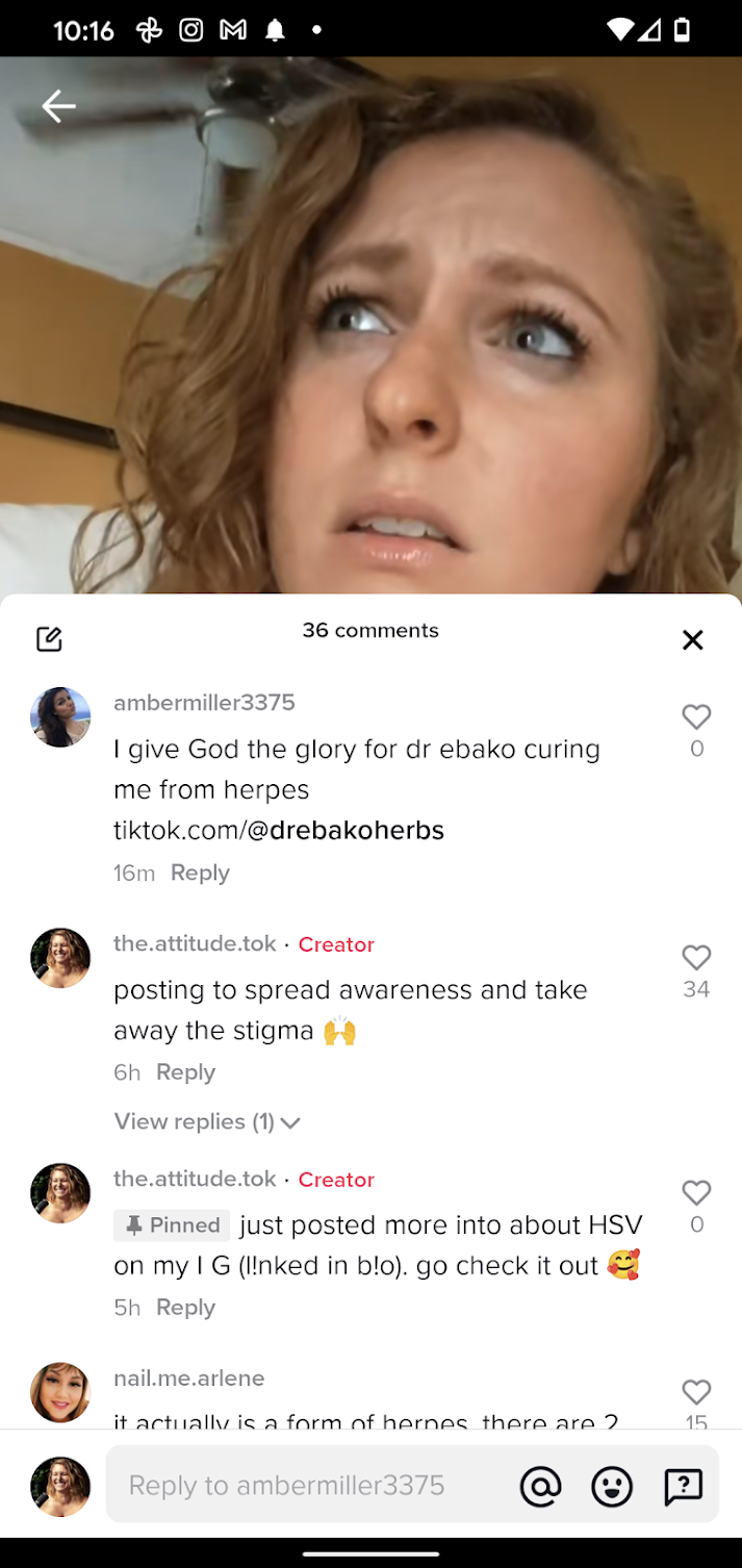 A spam comment on Madeline Gregg's TikTok claiming there's a cure for herpes.