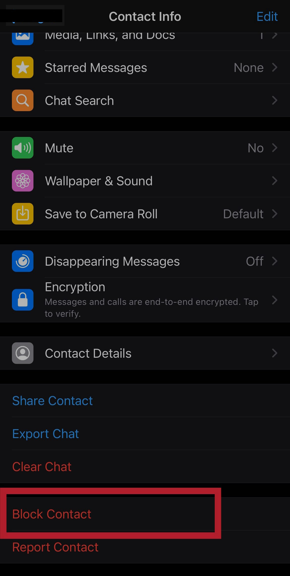 Find "block contact" and "report contact" at the bottom.