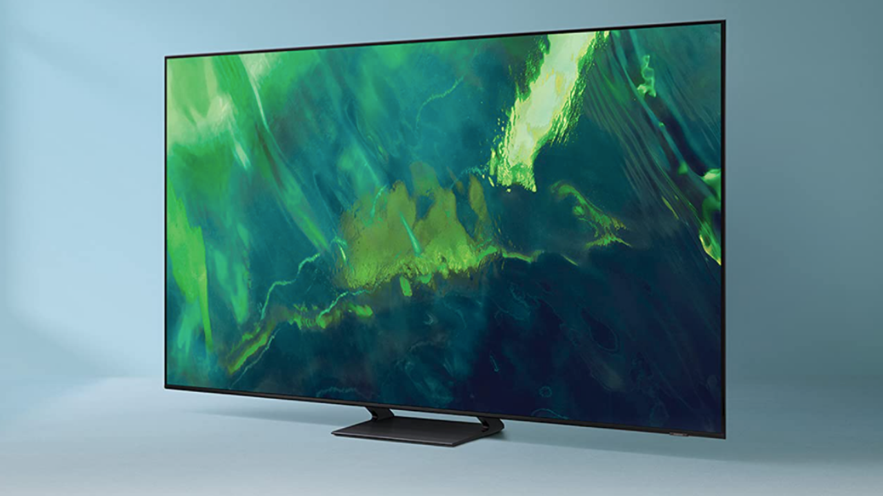 Samsung TV with center stand and abstract green and blue screen