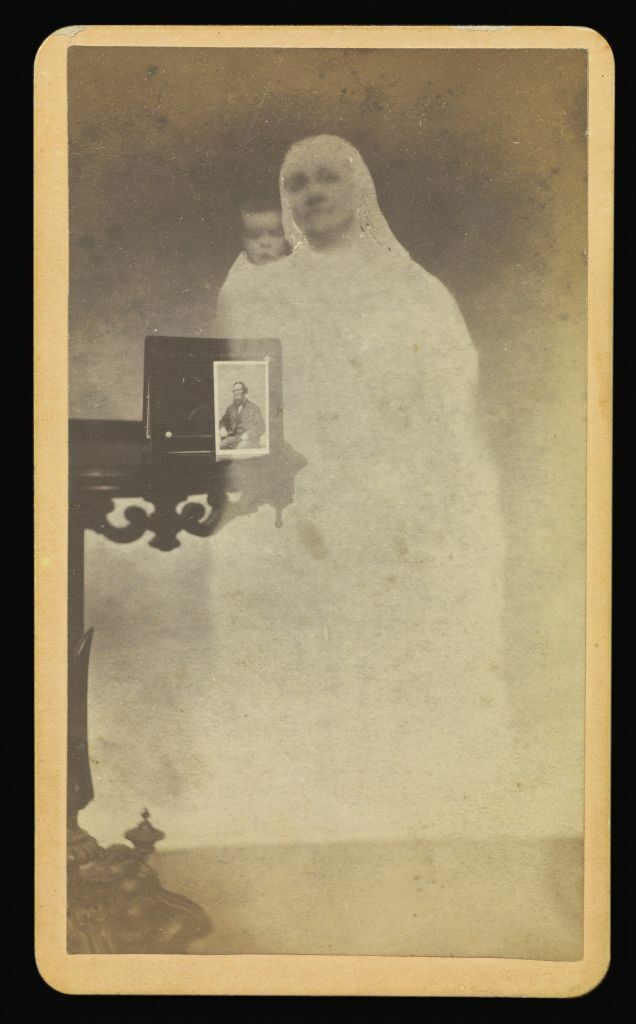 Mr. Tinkham and his spirit-wife recognised; William H. Mumler (American, 1832 - 1884); Boston, Massachusetts, United States; 1862 - 1875; Albumen silver print. (Photo by: Sepia Times/Universal Images Group via Getty Images)
