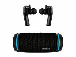 Treblab premium bluetooth speaker and true wireless earbuds on a white background.