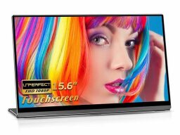 Foldable monitor displaying woman with rainbow hair