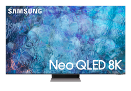 Samsung Neo QLED TV with blue abstract screensaver