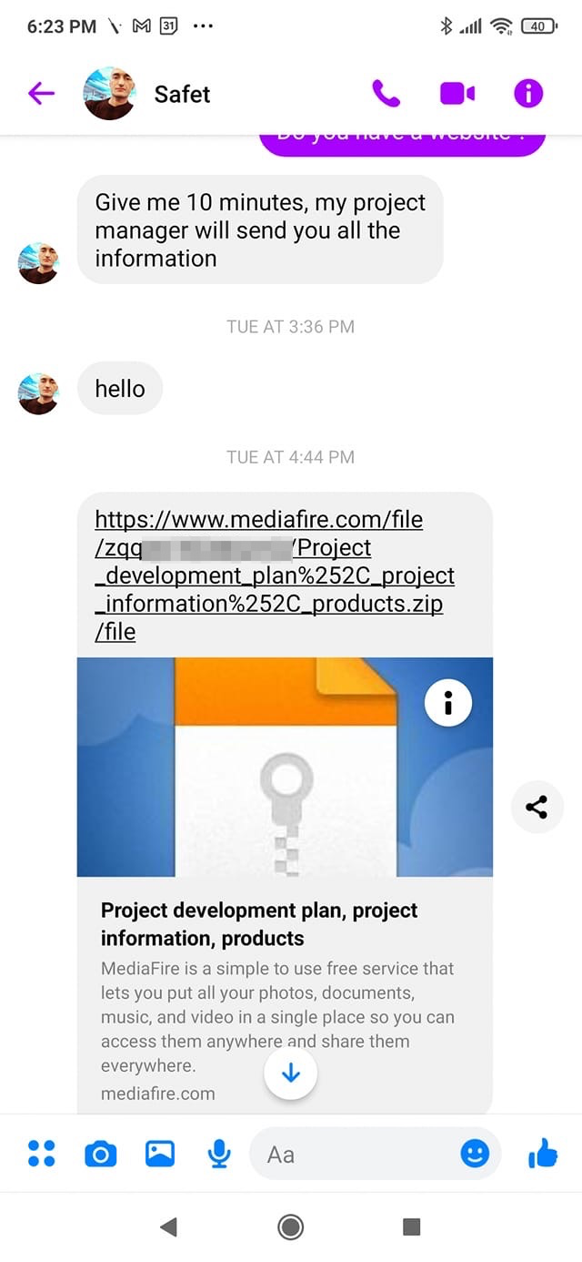 The unsolicited Facebook messages sent to Loni Mayse.
