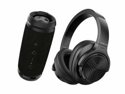 Treblab mini bluetooth speaker and Z2 wireless headphones on a white background.