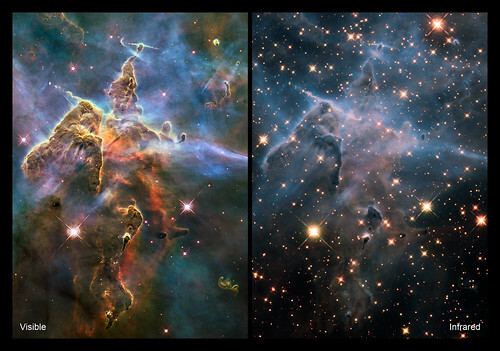 The Carina Nebula viewed in visible light (left) and infrared (right).