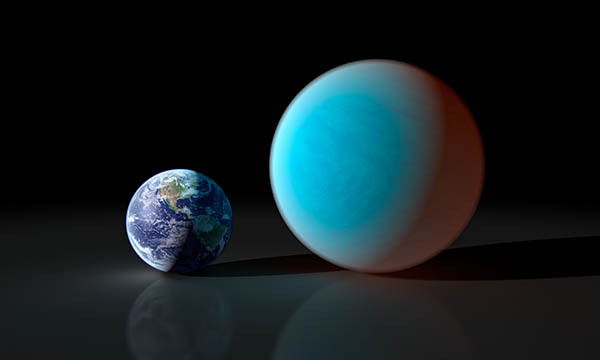 A graphic showing Earth contrasted with a conception of the "super-Earth" 55 Cancri e.