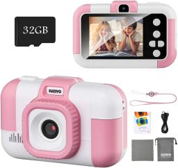 a pink and white camera with accessories