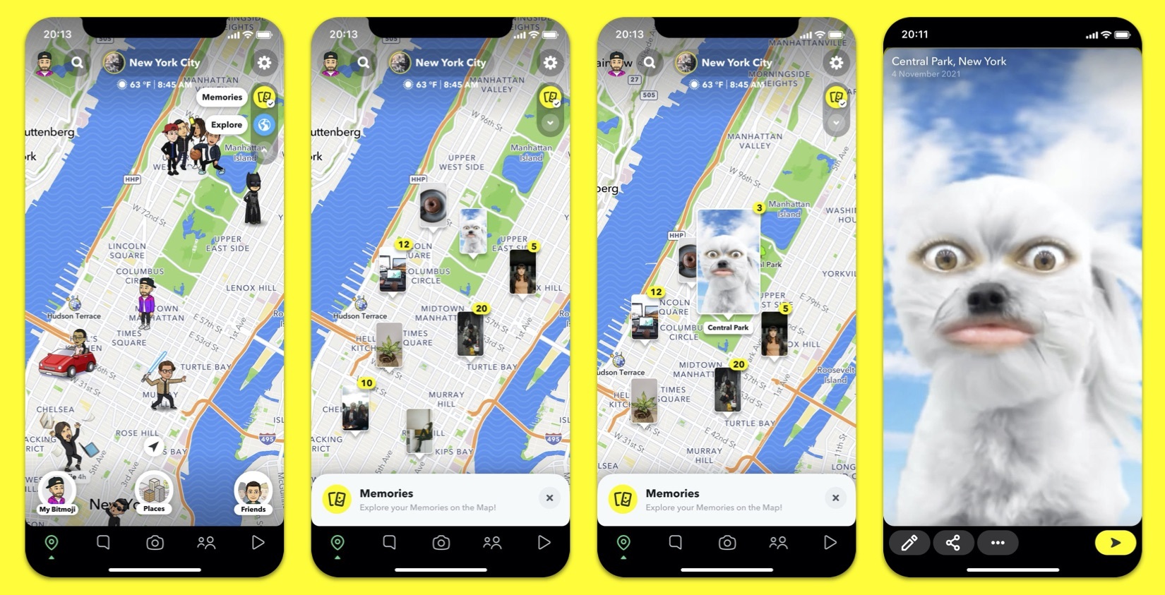 Multiple screenshots show the Memories layer superimposed on Snap Map.