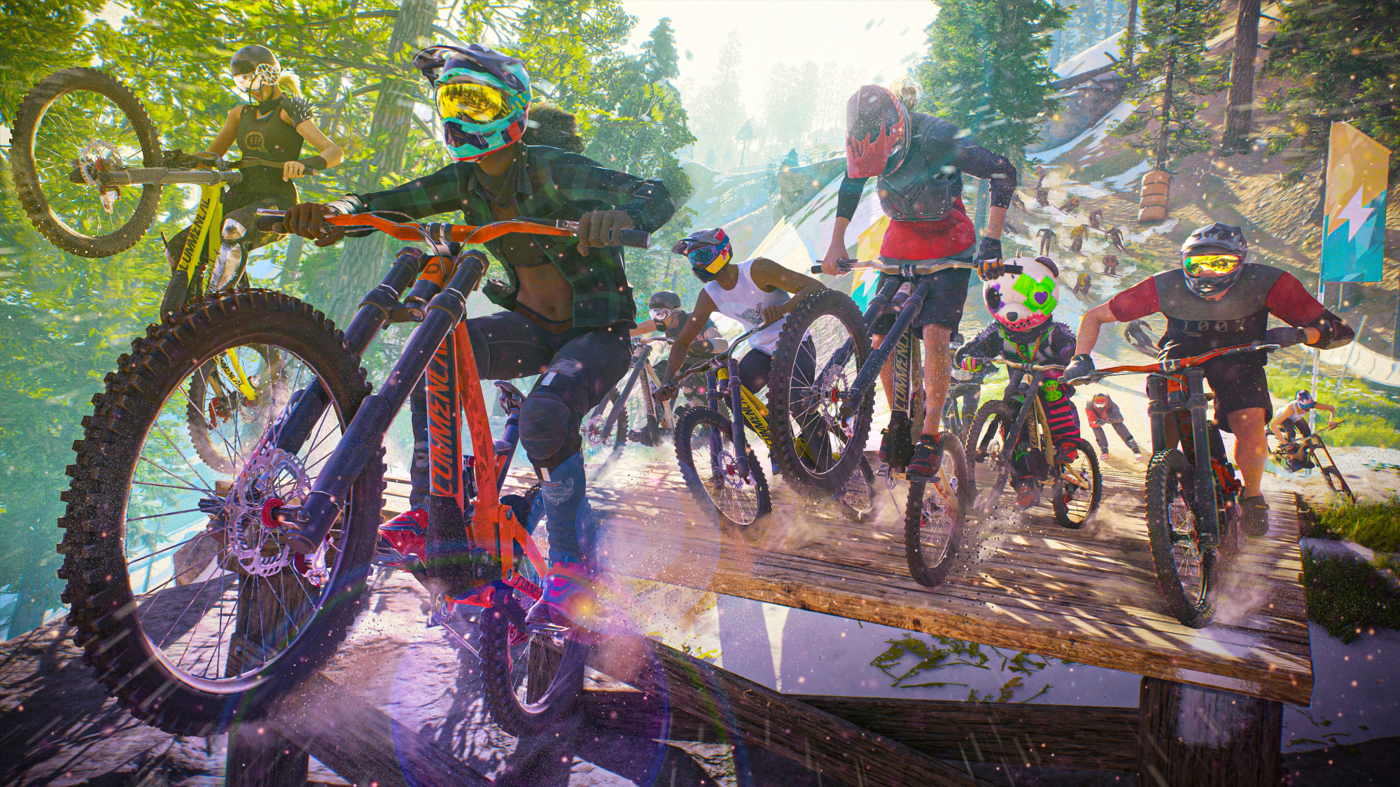 A large group of garishly dressed dirt bike racers clustered together during a race, seen from the front.
