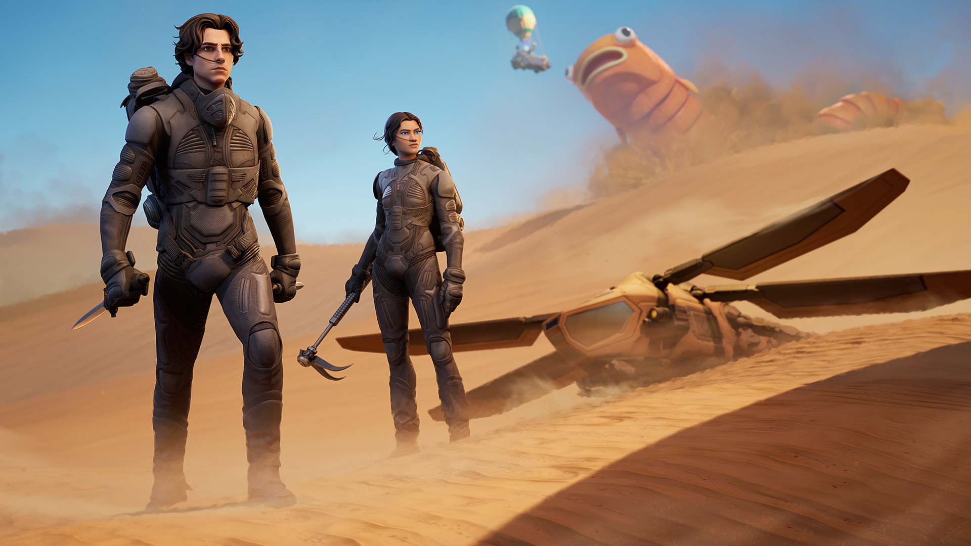 "Fortnite" versions of Paul Atreides (Timothee Chalamet) and Chani (Zendaya) from the movie "Dune."
