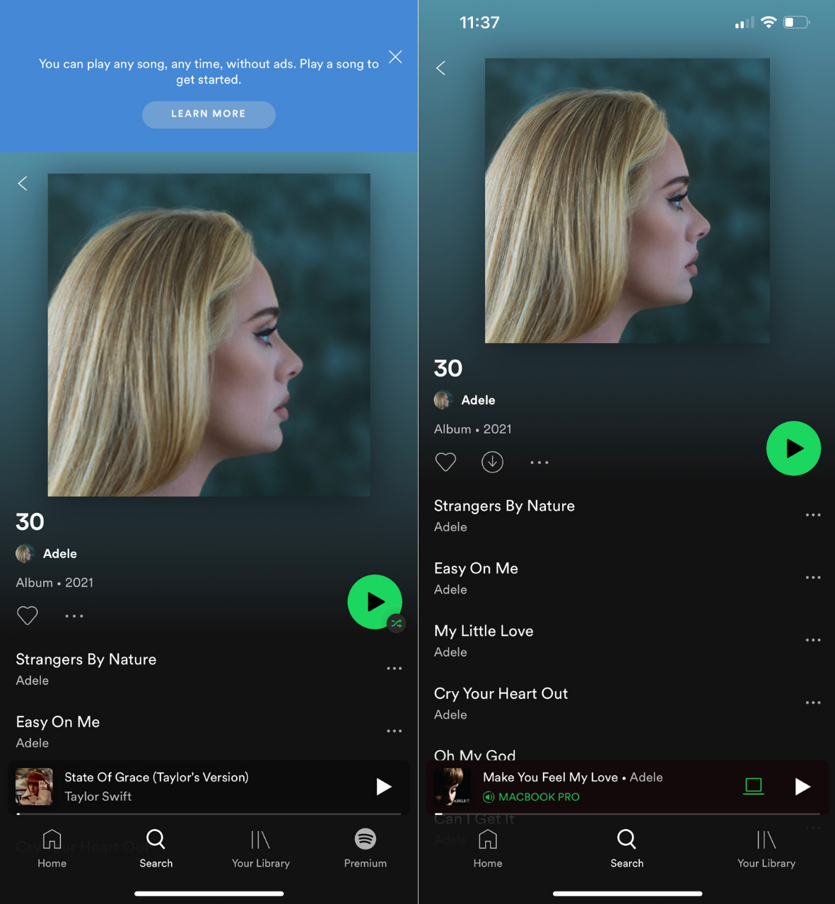 Adele's '30' as it appears on Spotify for ad-supported versus premium users.