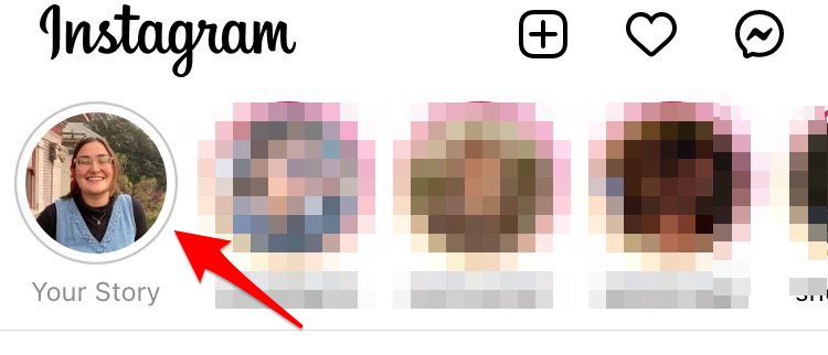 Screenshot of Instagram with an arrow pointing to "Your Story."
