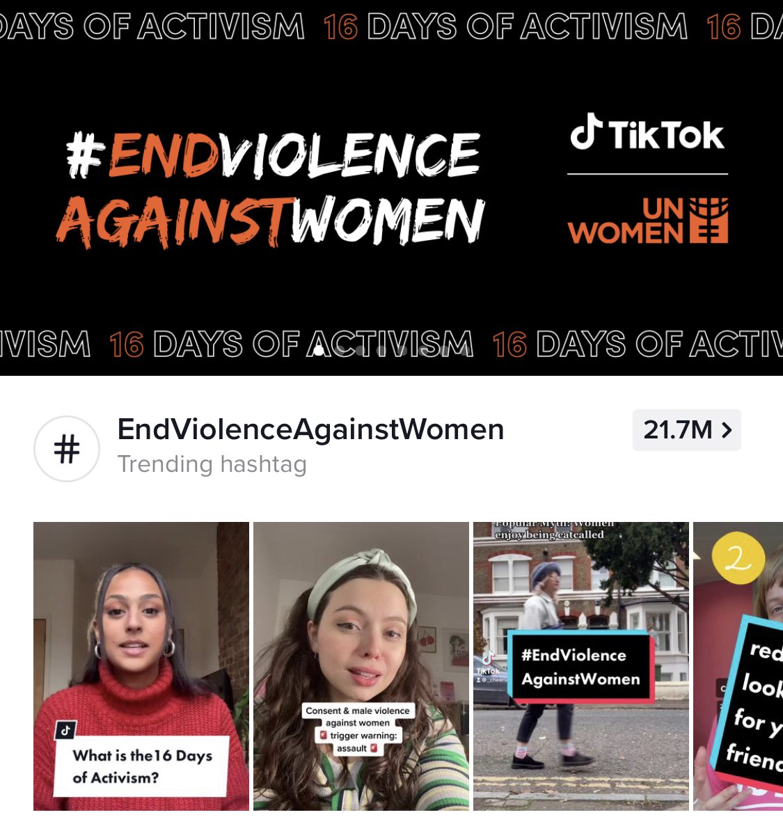 A screenshot of TikTok's hub showing videos under the hashtag #EndViolenceAgainstWomen.