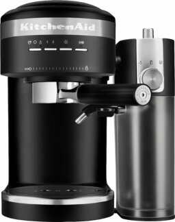 Black espresso machine with milk frother on white background