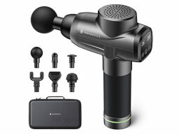 Black massage gun with multiple heads and a case