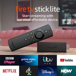 Fire TV Stick Lite advert showing the device and streaming services it works with.