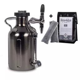 GrowlerWerks Nitro Cold Brew Maker and free bag of Brooklyn Gold on a white background.