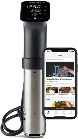 Anova Sous Vide Cooker with phone open to Anova app