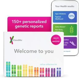 23andMe genetic testing kit with phone screen showing reports