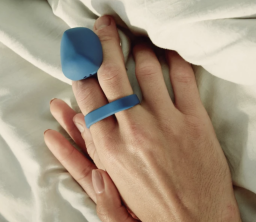 two hands and a blue dame fin toy