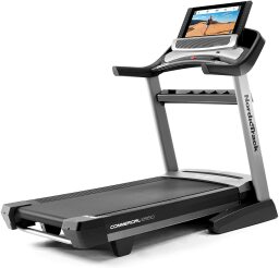 Gray and black treadmill with screen